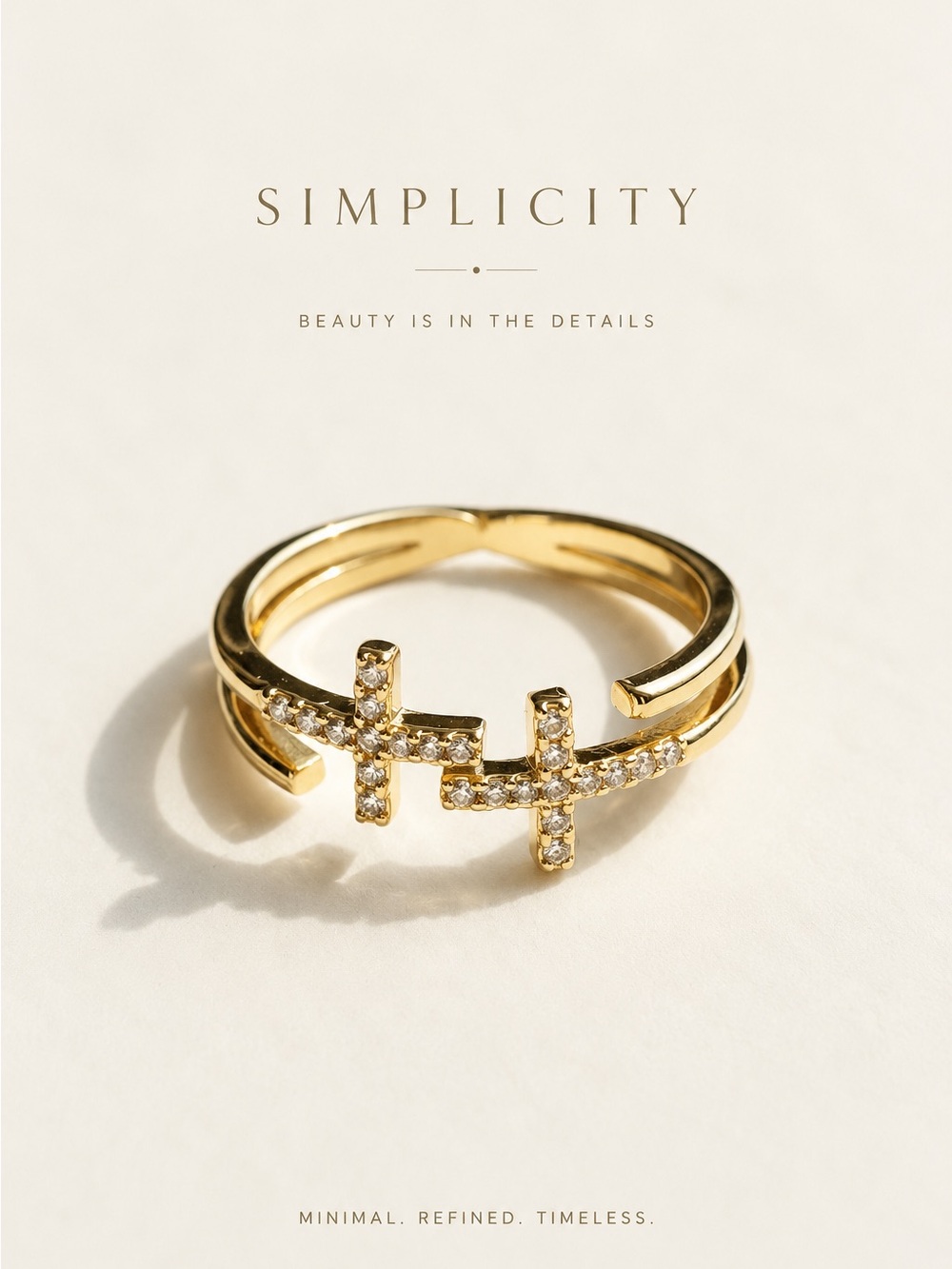 Gold Plated Minimal Double Cross Pavé Ring Adjustable size 6